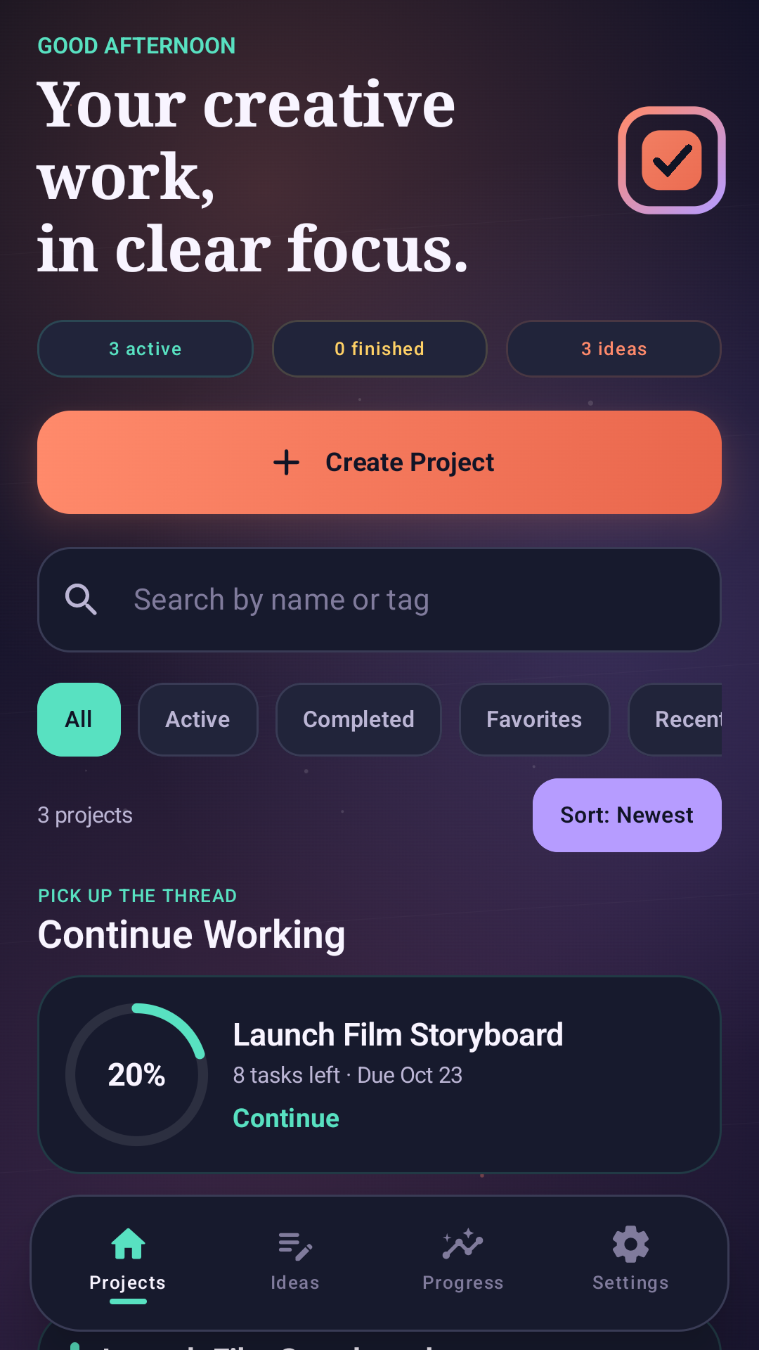 Design Checklist project dashboard showing active projects and task progress