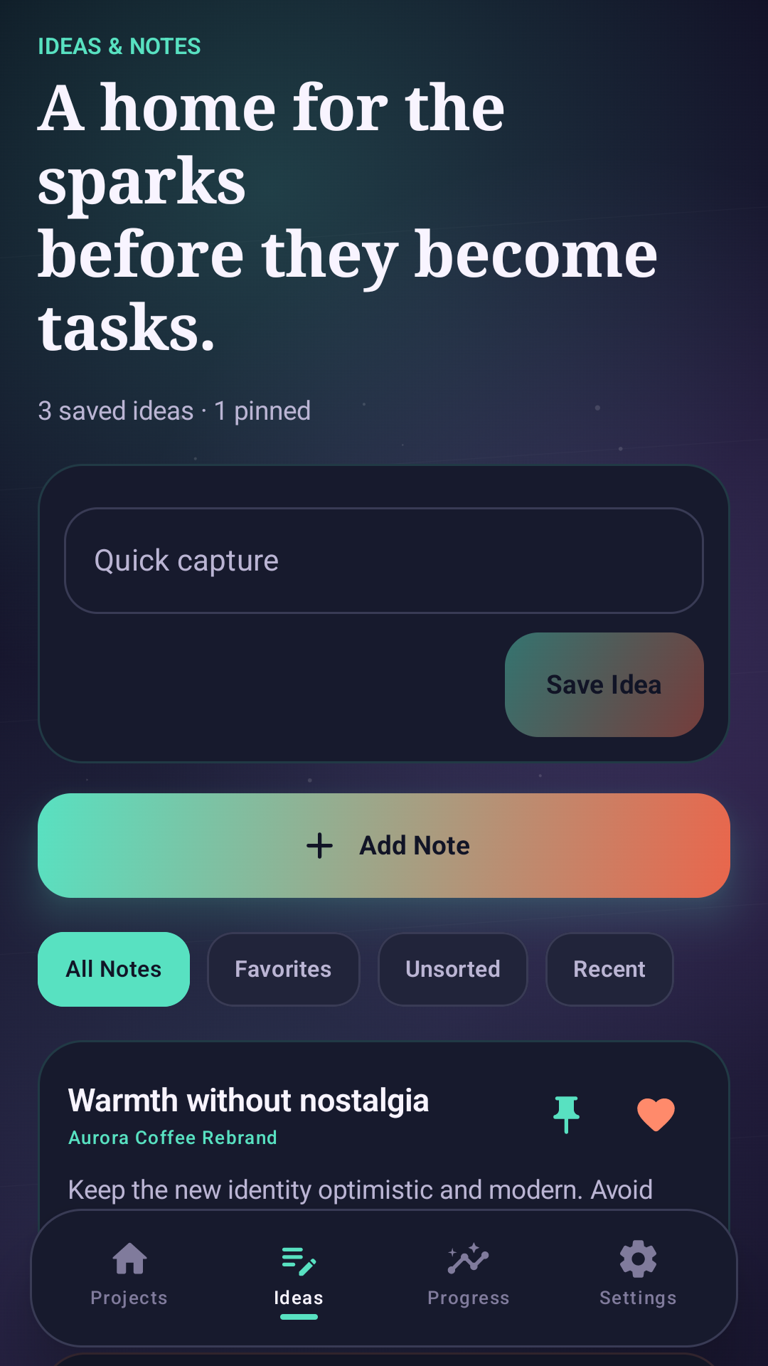 Ideas and notes screen